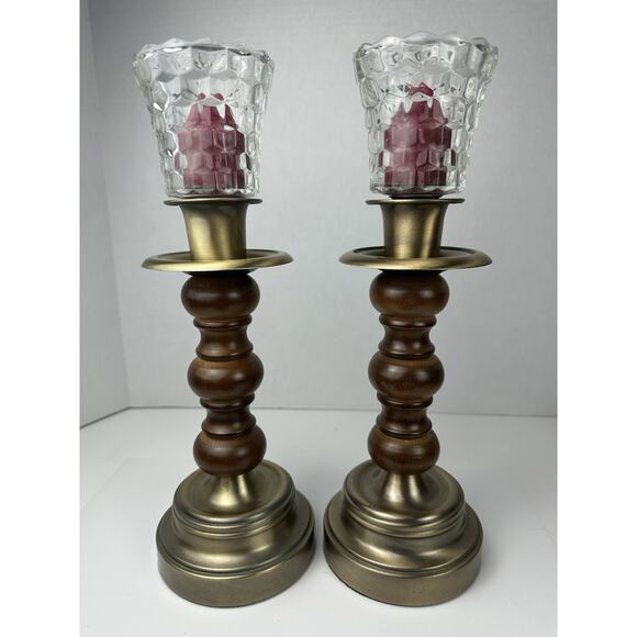 Vintage Homco Wood and Brass Candlestick Holders With Clear Glass Votives - Picture 1 of 8